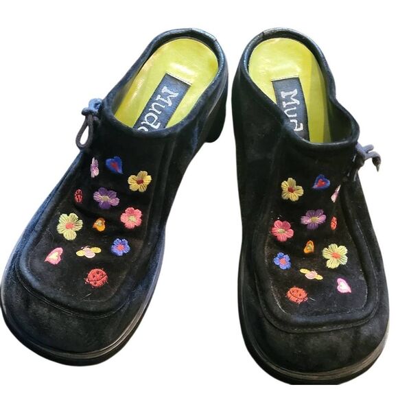 Vintage Y2K Mudd Clogs Women's 8 Black Embroidered Floral Bug Chunky Leather - Picture 1 of 7